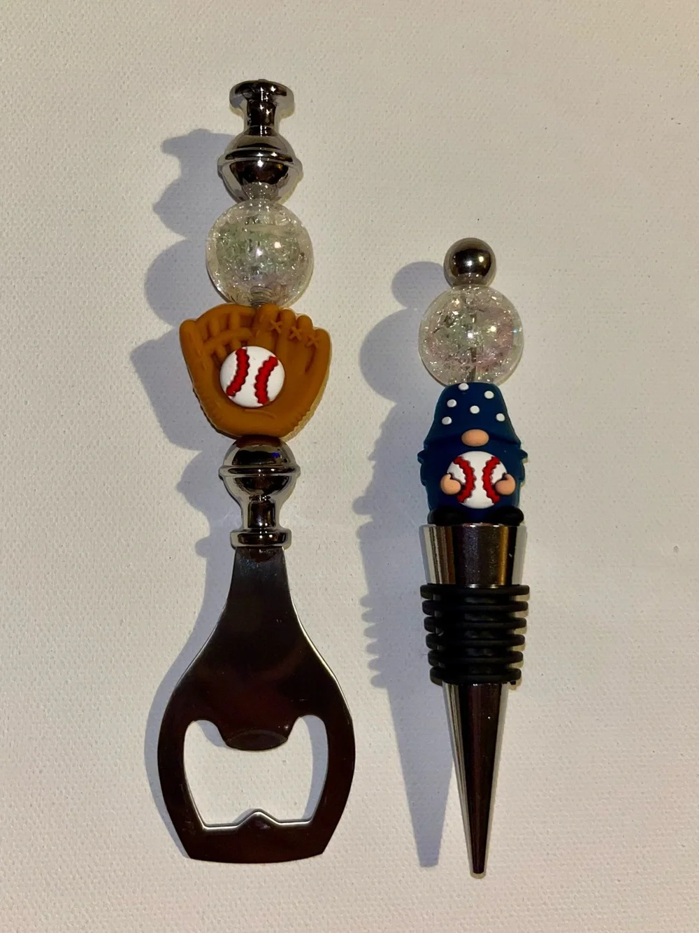 Baseball Themed Bottle Opener and Wine Stopper Set w/Iridescent Crackle Bead